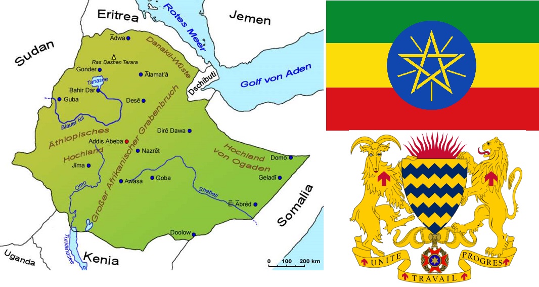 Äthiopien-Landkarte-Flagge-Wappen