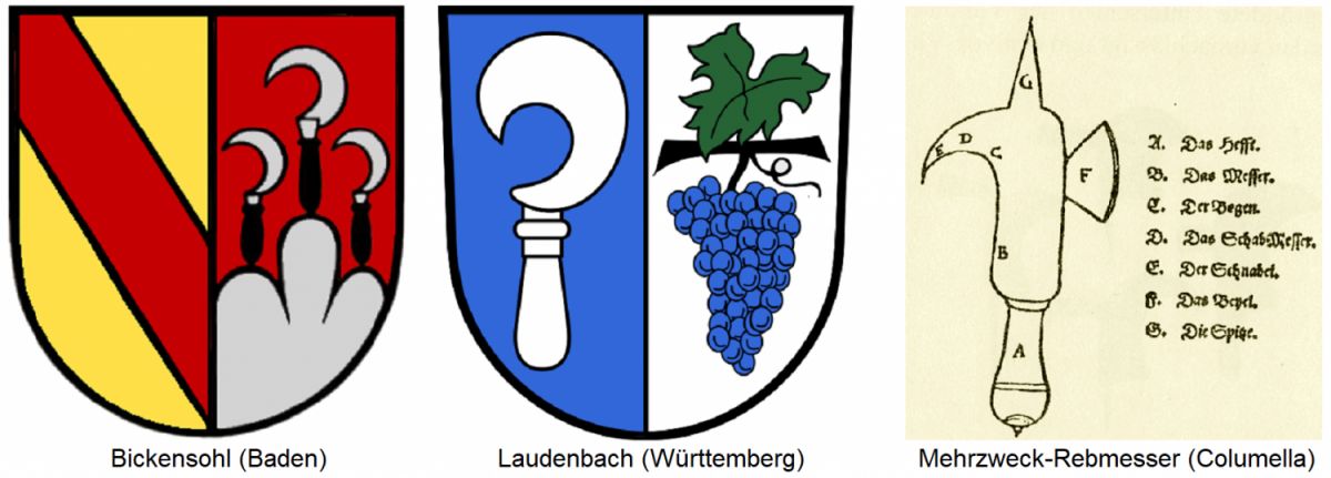 Wappen von Bickensohl (Baden) und Laudenbach (Württemberg) / Mehrzweck-Rebmesser nach Columella