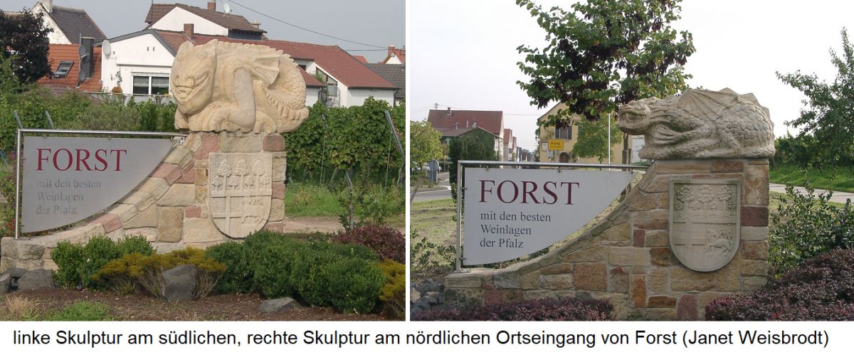 Skulpturen von Ungeheuern an den Ortseingängen in Forst (Pfalz)