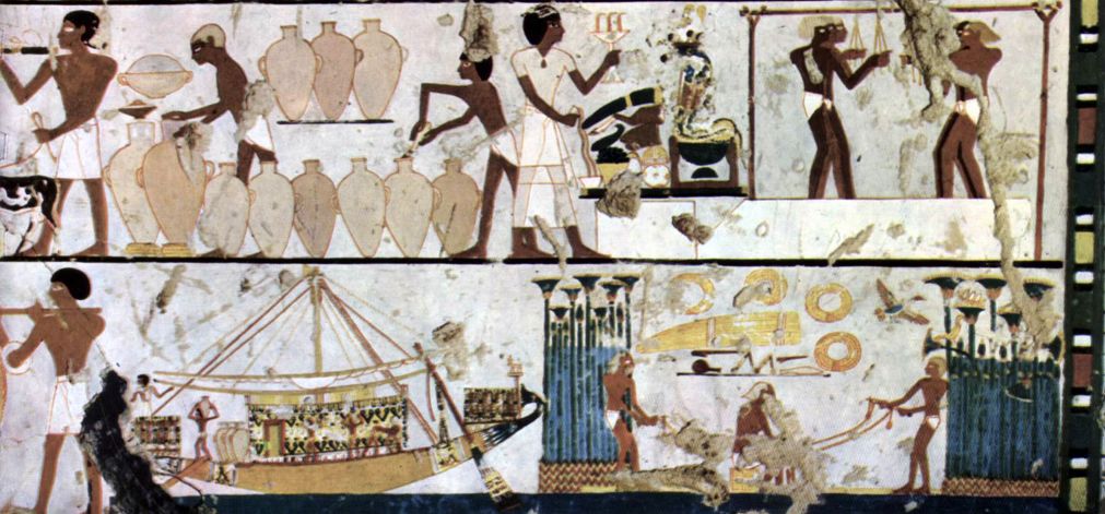 Malerei aus dem Grab des Chaemwese in Theben um 1450 v. Chr. mit Motiven der Weinlese und Weinbereitung - Bild 2 und 3