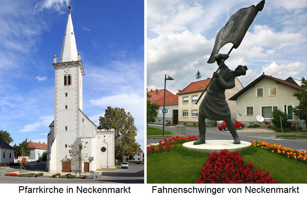 Neckenmarkt - Pfarrkirche und Statue des Fahnenschwingers