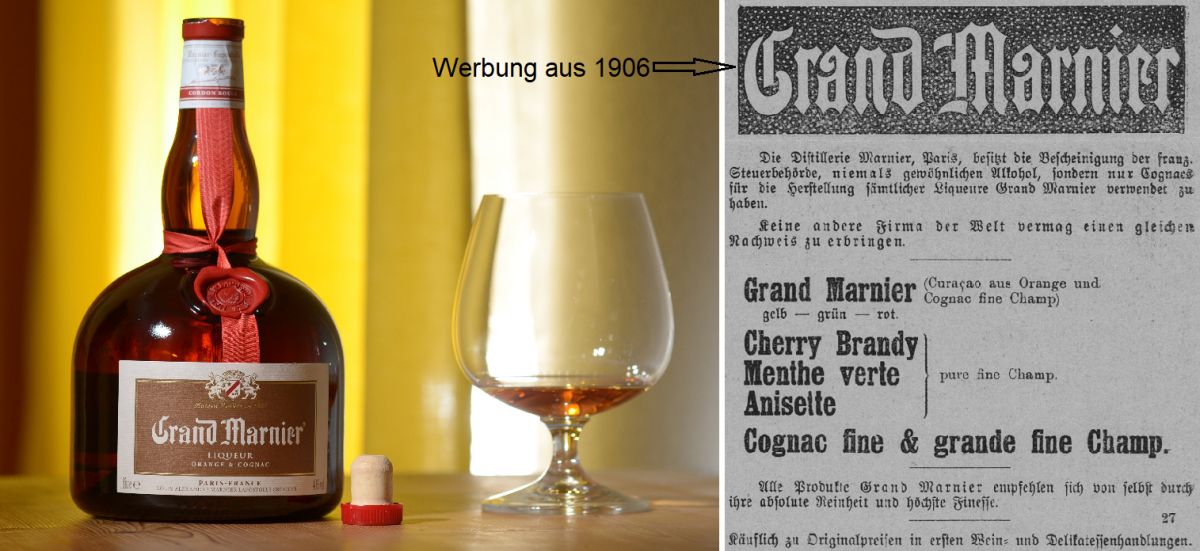Marnier-Lapostolle - Grand Marnier Flasche sowie Werbung aus 1906