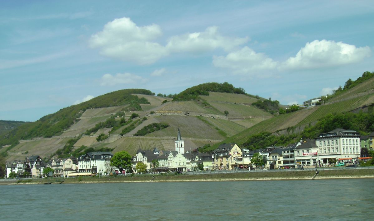Assmanshausen - mit Stadt und Weinbergen vom Rhein her gesehen