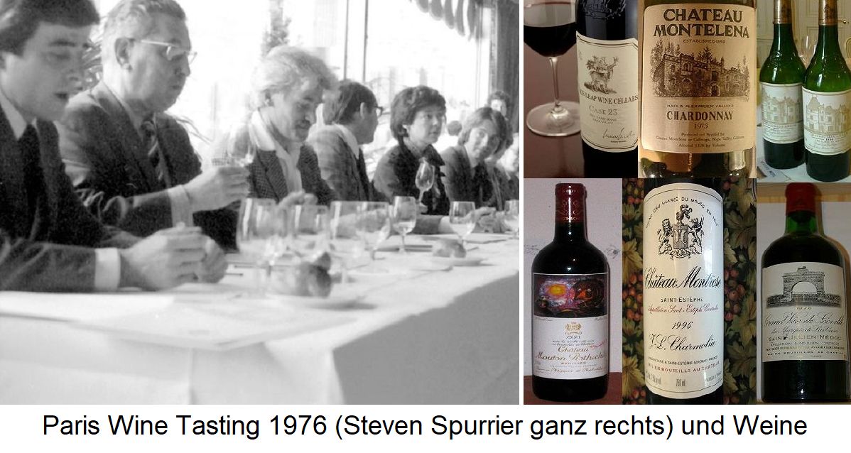 Pasris Wine Tasting - 1976 mit Jury (Steven Spurrier ganz rechts) und Weine