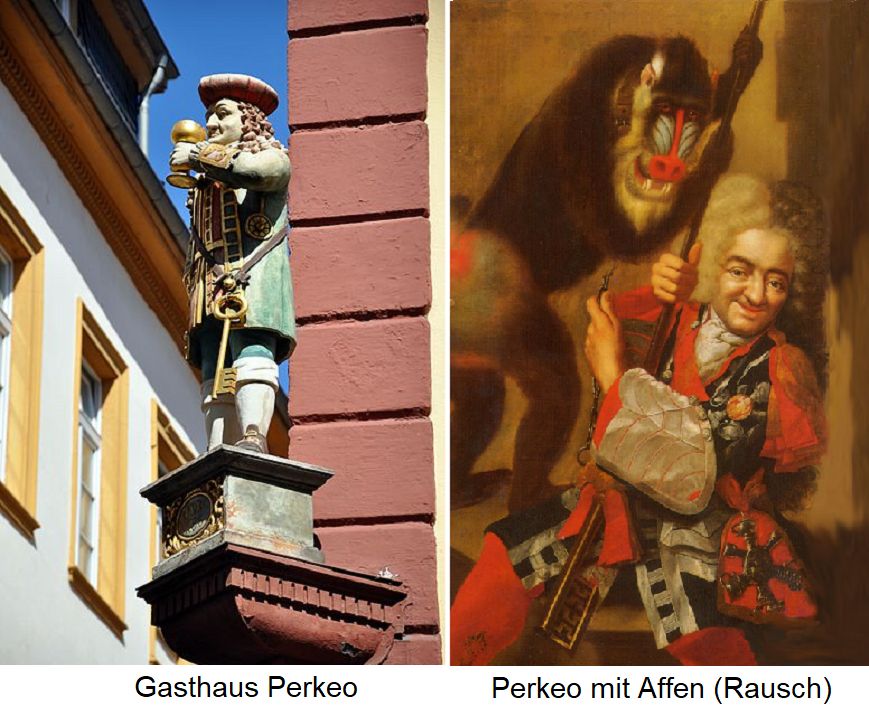 Perkeo - Statue am Gasthaus Perkeo in Heidelberg und Perkeo mit Affen (Rausch)