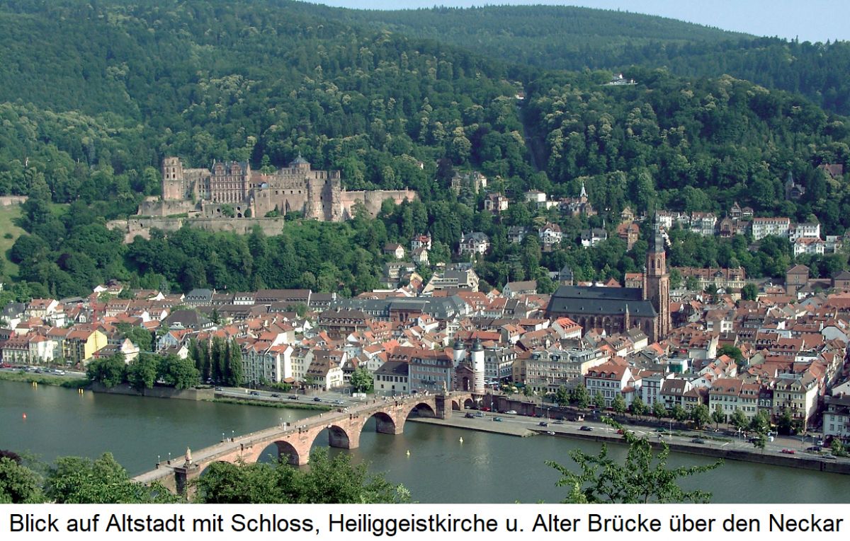Heidelberg: Blick vom Philosophenweg auf die Altstadt mit Schloss, Heiliggeistkirche und Alter Brücke über den Neckar