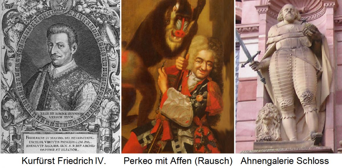 Heidelberg - Kurfürst Friedrich IV,. Hofnarr Perkeo und Statue vom Kurfürst in der Ahnengalerie im Schloss