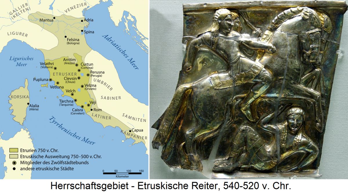 Etrusker - Herrschaftsgebiet (Karte) und Etruskische Reiter, 540-520 v. Chr.