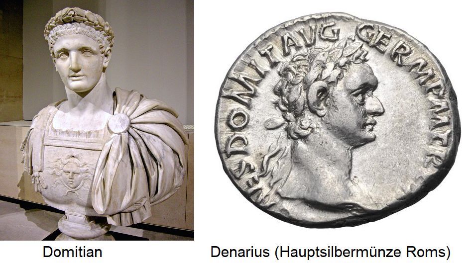 Domitian - Büste und Denarius (Hauptsilbermünze Roms)