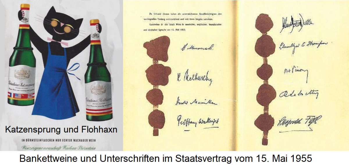 Weinflaschen Katzensprung und Flohhaxn / Unterschriften im Staatsvertrag 1955