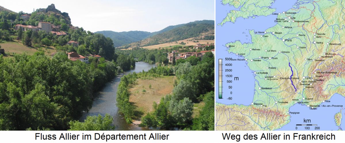 Eichenholz - Fluss Allier im Département Allier und Karte mit Flusslauf in Frankreich