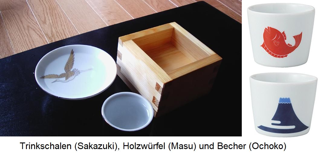 Trinkschalen (Sakazuki), Masu (Holzwürfel) und Becher (Ochoko)