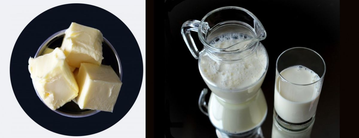 buttrig - Butter auf Teller und Milchkrug mit Glas