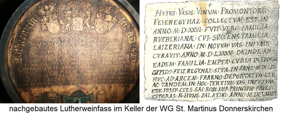 Lutherwein - nachgebautes Fass der WG St. Martinus und Originaltext