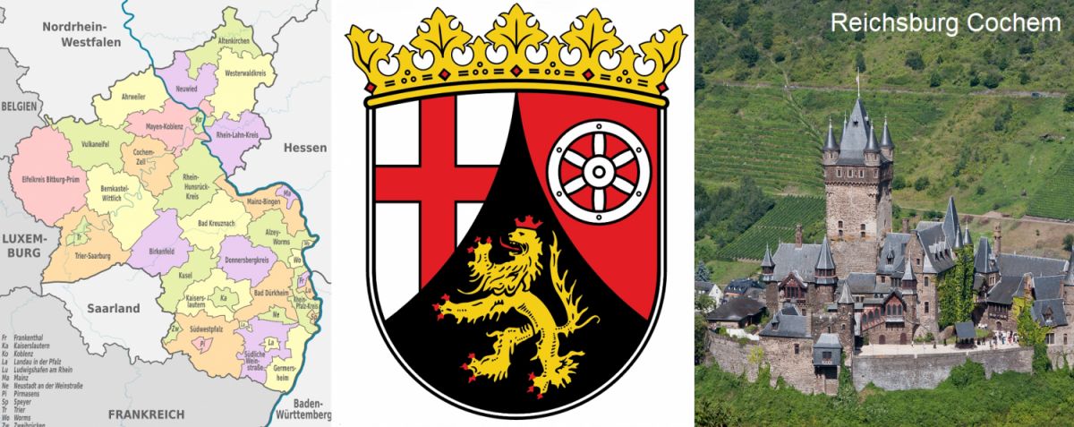 Rheinland Pfalz - Karte, Wappen und Reichsburg Cochem mit Weinbergen
