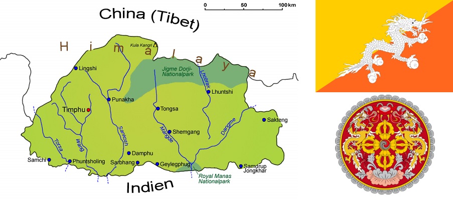 Bhutan - Landkarte, Flagge, Wappen