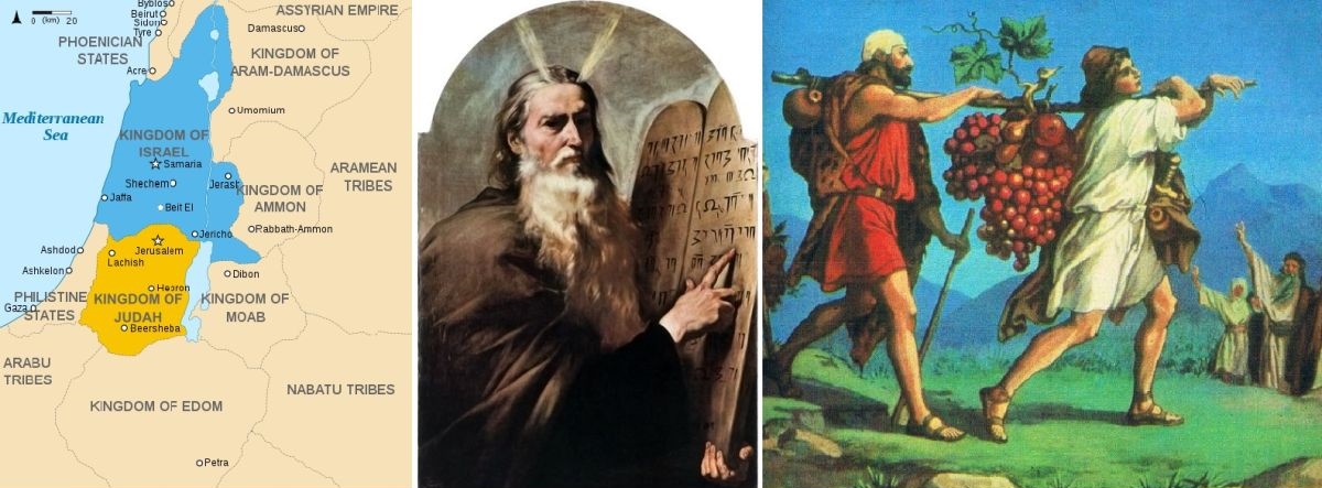 Bibel - Karte Israel und Juda, Moses mit Gebotstafeln, Riesenweintraube Eschkoltal