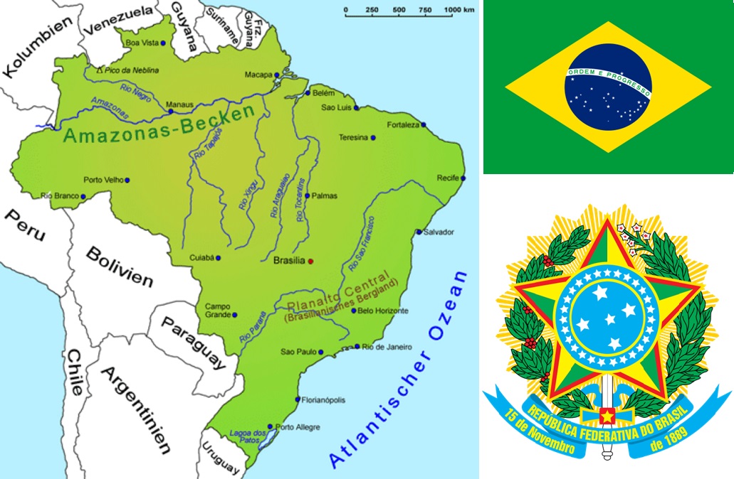 Brasilien - Landkarte, Flagge und Wappen