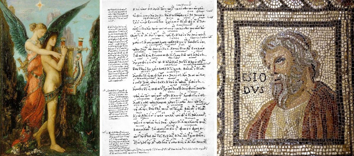 Hesiod - Gemälde, Auszug aus Theogonie und Mosaik