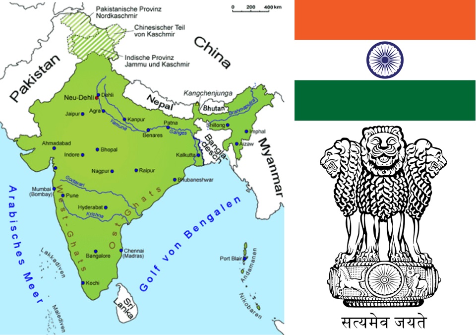 Indien - Landkarte, Flagge, Wappen