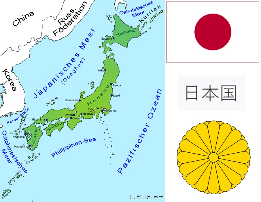 Japan - Landkarte, Flagge, Wappen
