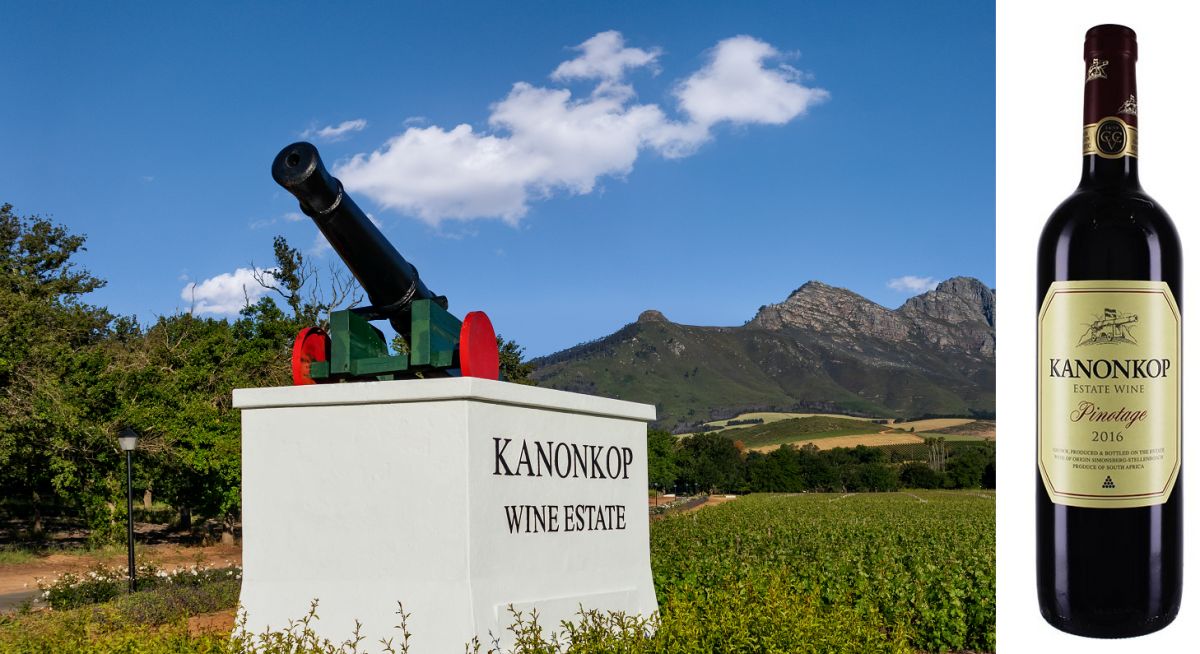 Kanonkop Estate - Kanone (Wahrzeichen) und Flasche Pinotage