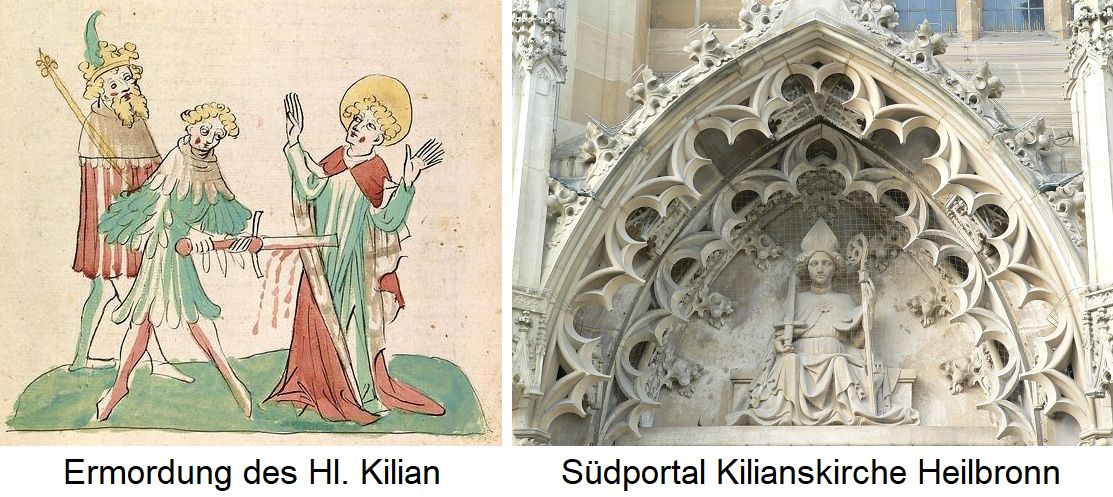 Kilian - Ermordung von Kilian, Skulptur am Südportal der Kilianskirche in Heilbronn