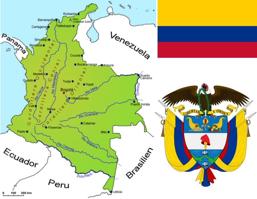 Kolumbien - Landkarte, Flagge, Wappen
