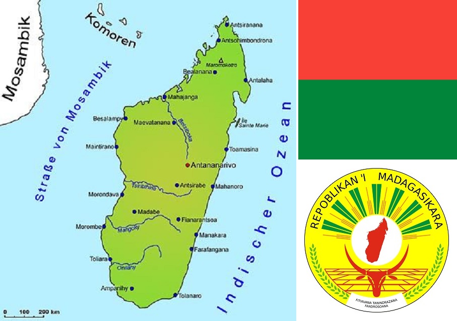 Madagaskar - Karte, Flagge, Wappen