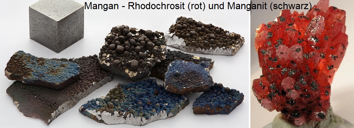 Mangan - Mangan, Rhodochrosit (rot) und Manganit (schwarz)
