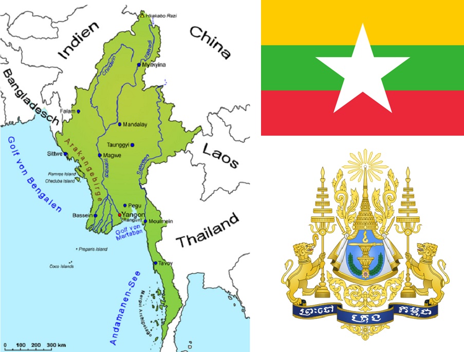 Myanmar - Landkarte, Flagge, Wappen