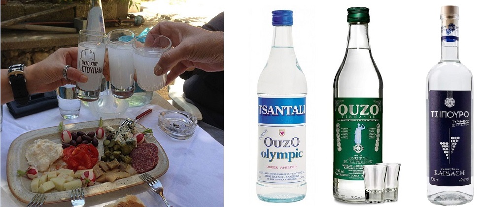 Ouzo - Tisch mit Ouzo und Käseplatte, 3 Flaschen