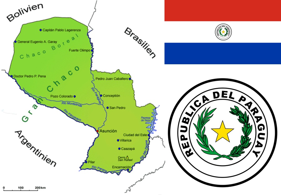 Paraguay - Landkarte, Flagge und Wappen