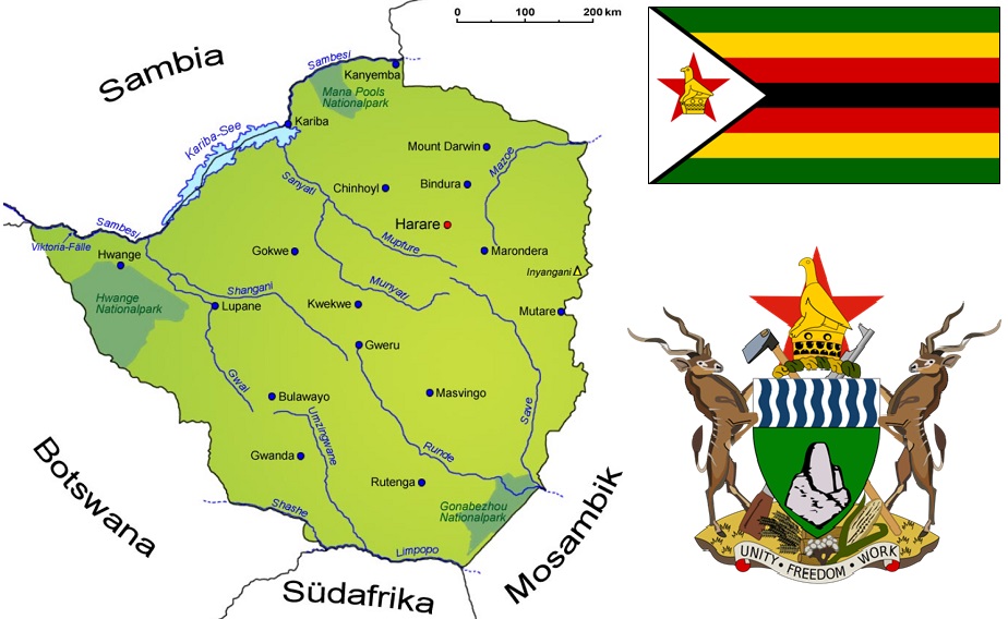 Simbabwe - Landkarte, Flagge und Wappen
