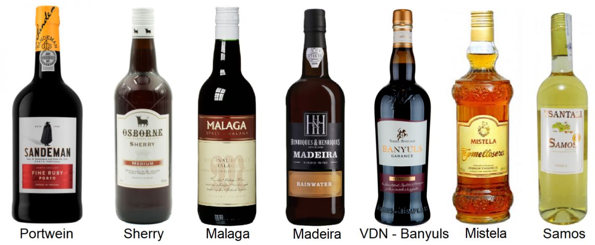 Spriten - 7 Flaschen (Portwein, Sherry, Malaga, Madeira, Banyuls, Mistela, Samos)