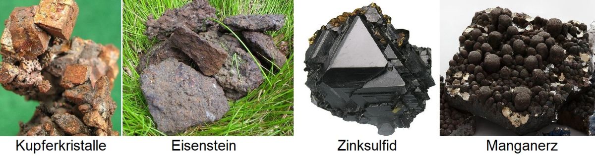 Spurenelemente - Kupferkristalle, Eisenstein, Zinksulfid, Manganerz