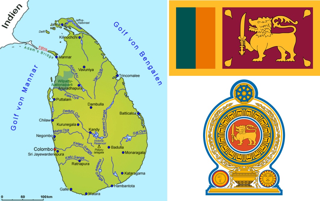 Sri Lanka - Landkarte, Flagge und Wappen