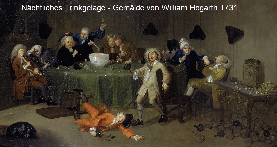 Trinkkultur - Gemälde von William Hogarth - Nächtliches Gelage