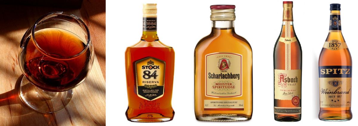 Weinbrand - Glas und Marken Stock, Scharlachberg, Asbach und Spitz